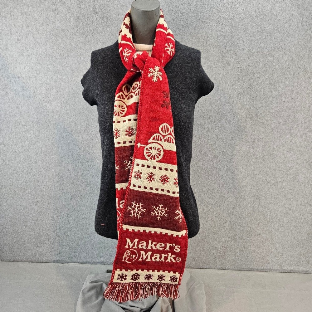 Makers Mark Bourbon Whiskey Holiday Scarf Red White Snowflake Knit Fringe Logo